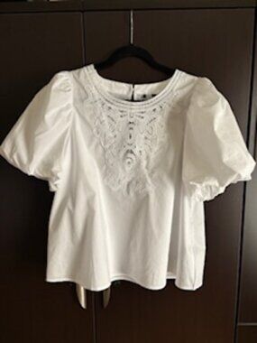 Buffalo David Bitton white cotton embroidered short puff-sleeve blouse - large